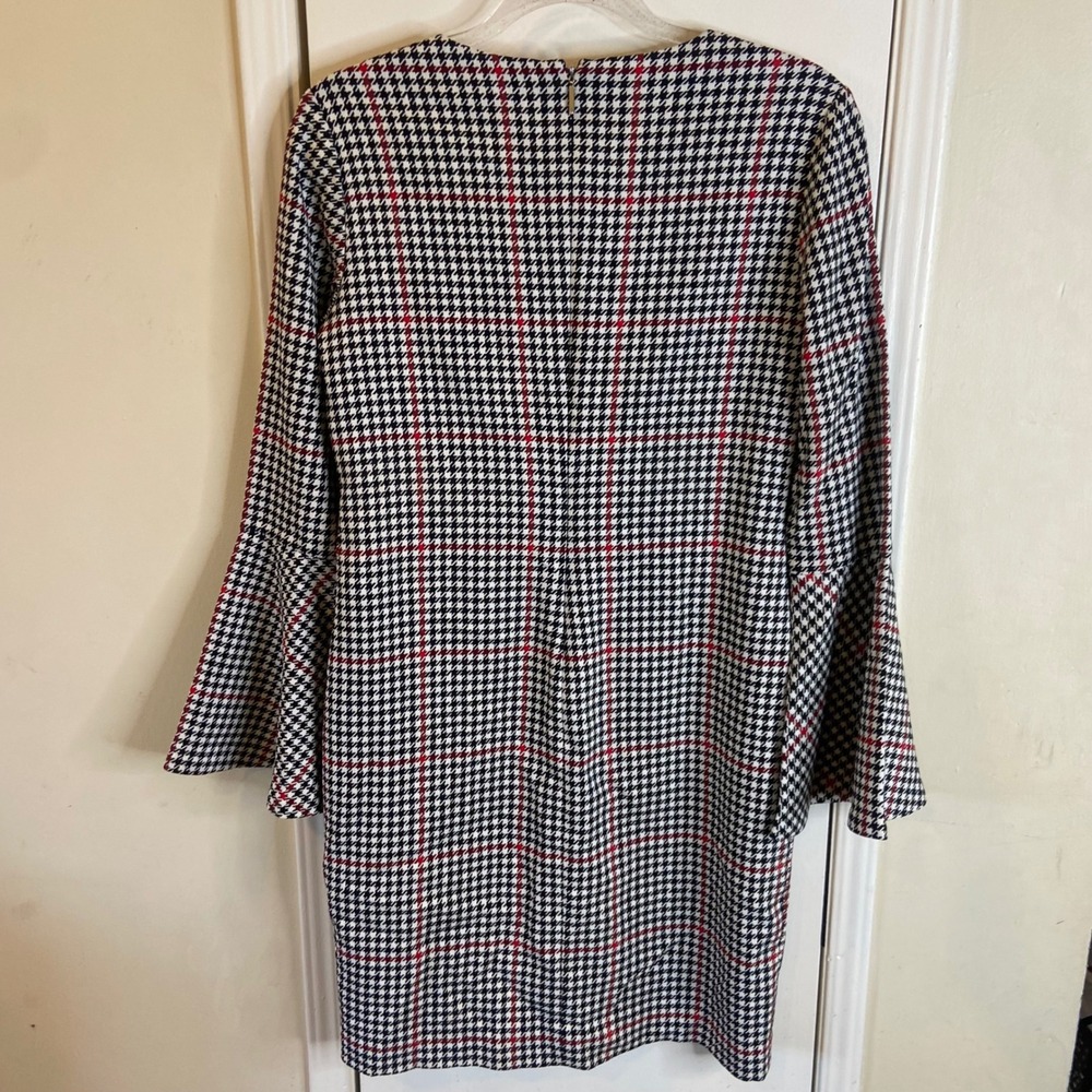 Lauren Ralph Lauren Houndstooth Plaid Bell Sleeve Sheath Dress Black White Red 8